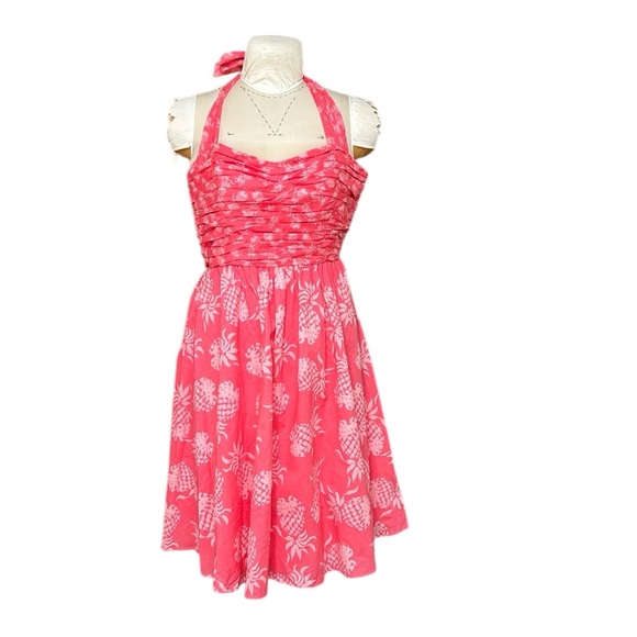 Tommy Bahama Pineapple Print Halter Dress Fit & Flare Melon Berry Pink 10 - Picture 1 of 15